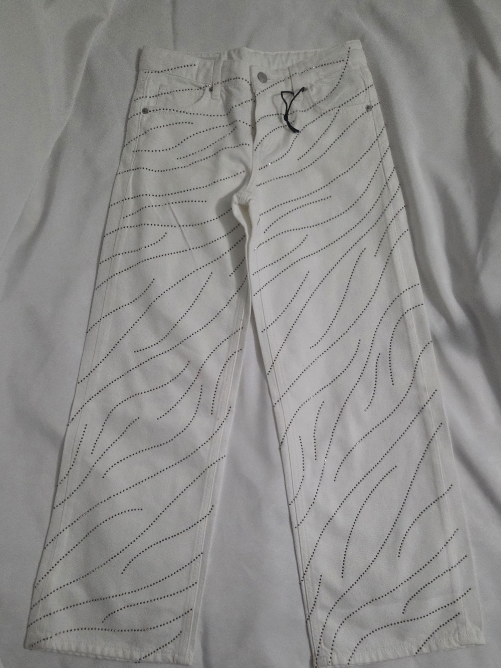 Zara White Patterned Rhinestone Straight-Leg Jeans